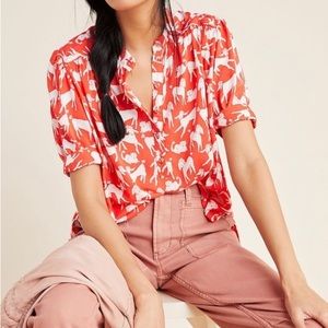 Anthropologie Emily Isabella red white poodle print robina blouse xs